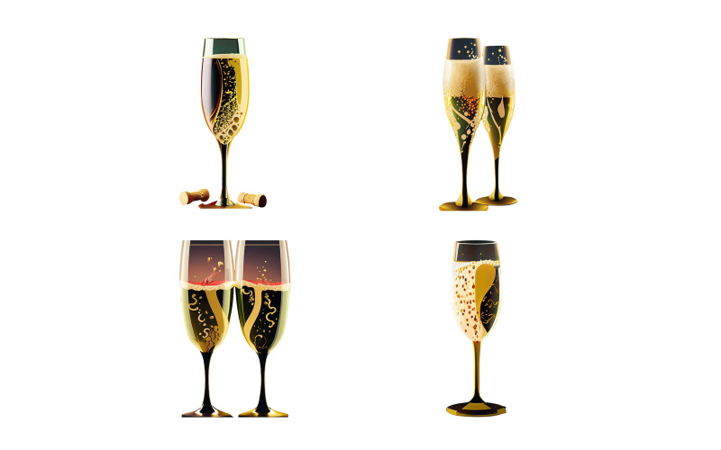 Illustration of a set of glasses of champagne with a cork. Vector Graphic