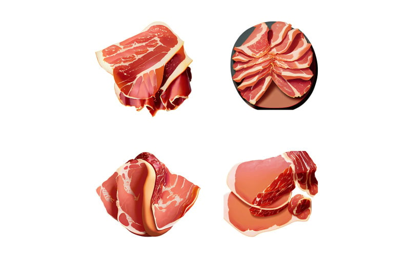 Set of pieces of bacon, Jamon isolated on white background. Vector Graphic