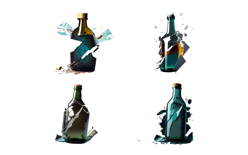 Set of broken glass bottles with splashes isolated on white background. Vector Graphic