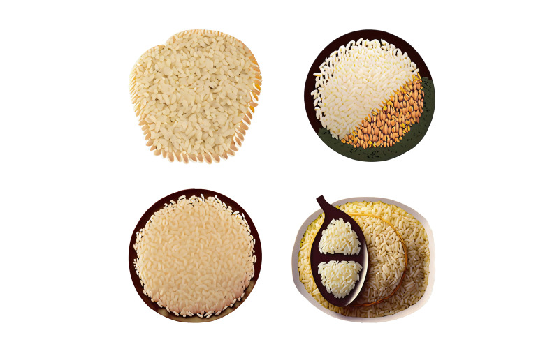 Set of different types of rice in bowls on a white background. Vector Graphic