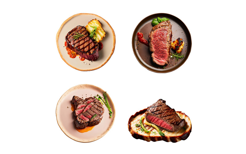 Set of four different beef steaks isolated on white background. Top view. Vector Graphic