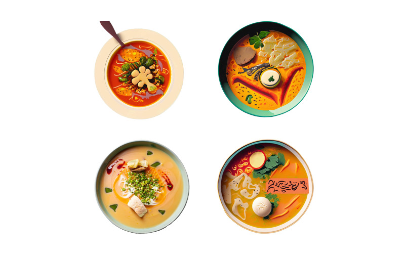 Set of four different soups in bowls isolated on white background. Vector Graphic