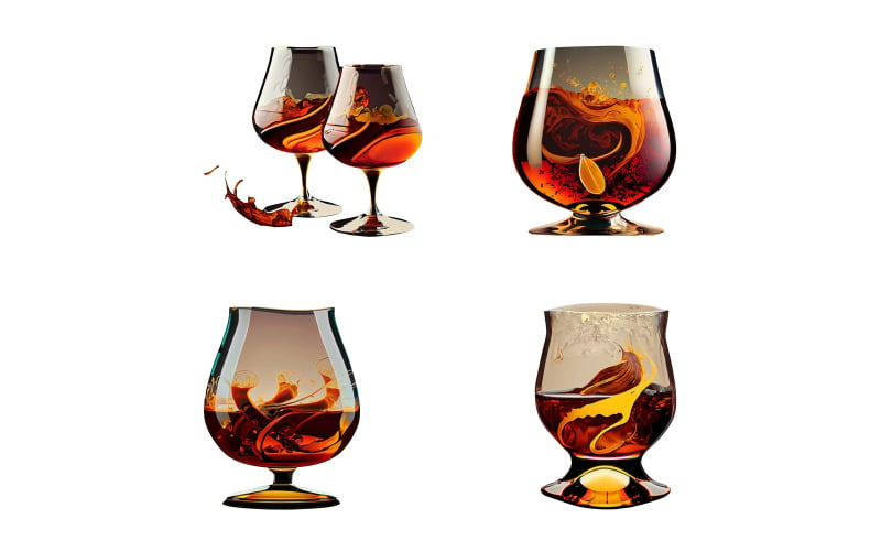 Set of four glasses of cognac or brandy with ice cubes. Vector Graphic