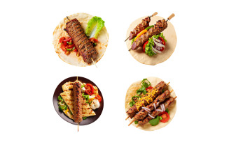 Set of kebab on skewers isolated on white background.