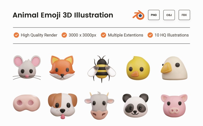 Animal Emoji 3D Illustration Set Model