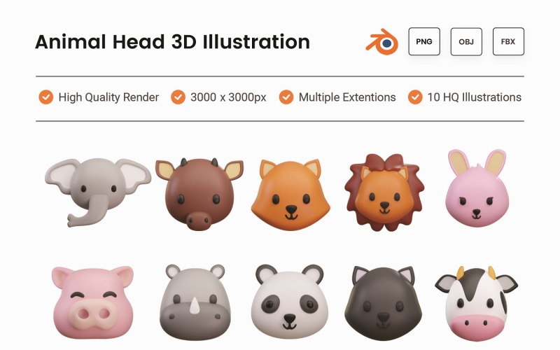 Animal Head 3D Illustration Set Model