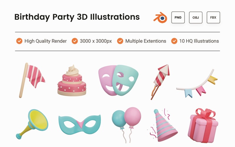 Birthday Party 3D Illustration Set Model