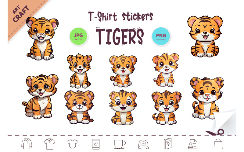 Bundle Stickers Cute tiger. Clipart. Illustration