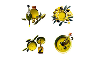 Set of olive oil bottles with olives and leaves.