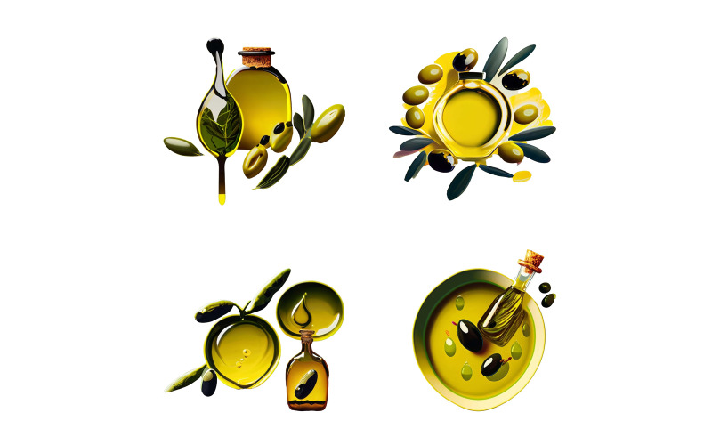 Set of olive oil bottles with olives and leaves. Vector Graphic