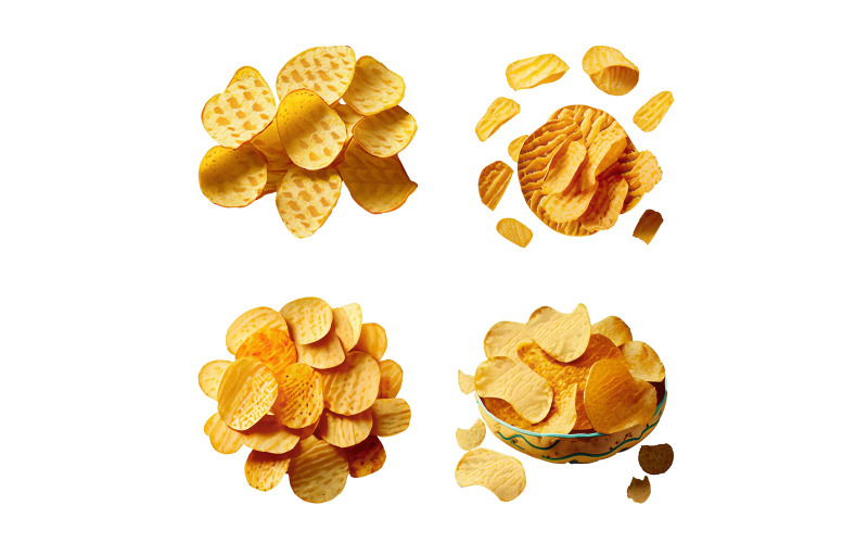 Set of potato chips in bowl isolated on white background. Top view. Vector Graphic