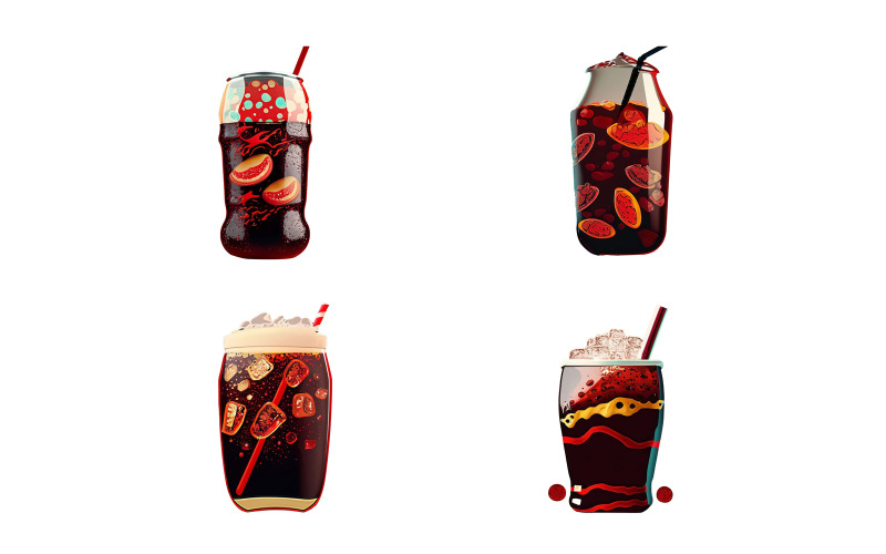 Set of vector illustrations of a glass of coca cola with a straw and ice cubes. Vector Graphic