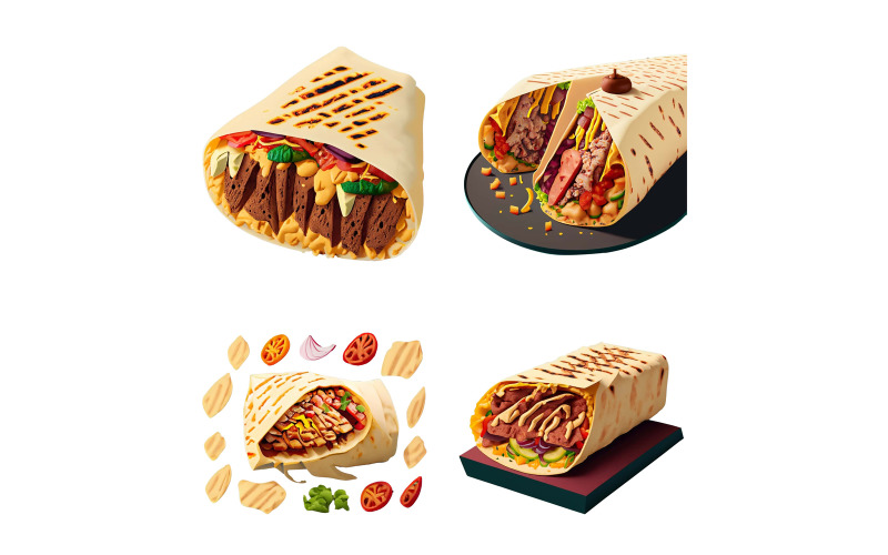 Shawarma with meat, vegetables, cheese and sauce. Vector Graphic