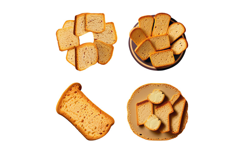 Slices of Rusk isolated on white background. Top view. Vector Graphic