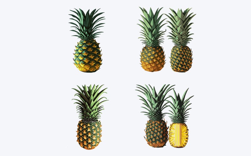 Pineapples set, vector illustration. Isolated on white background. Vector Graphic