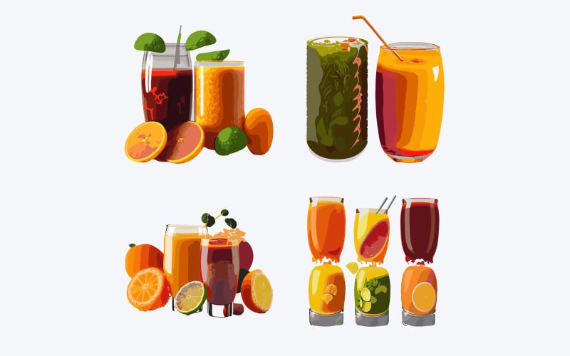 Set of different smoothies with orange, lemon, lime, mint and ice. Vector Graphic