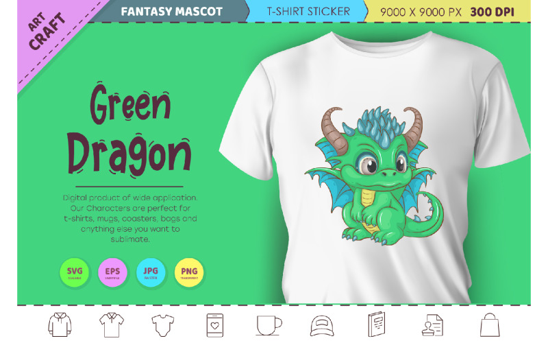 Cartoon green dragon. Fantasy clipart. Vector Graphic