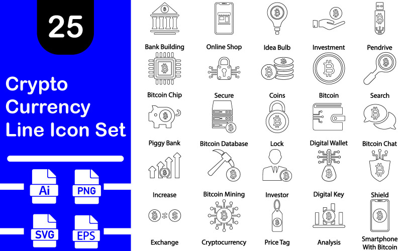Cryptocurrency Line Icon Set Template