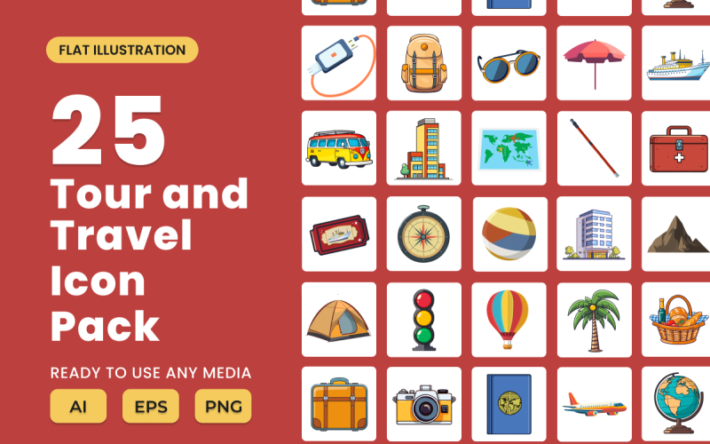 Tour and Travel 2D Icon Illustration Set Vol 1 Vector Graphic