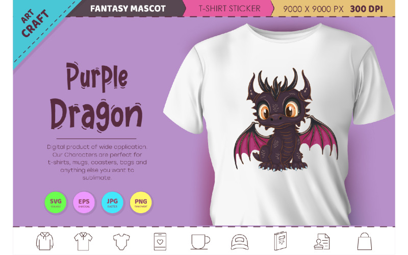 Cartoon purple dragon. Fantasy clipart. Vector Graphic