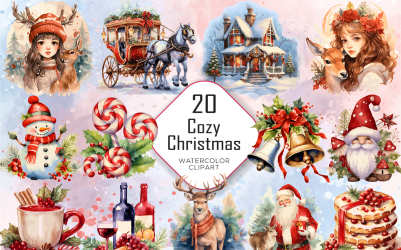 Cozy Christmas Watercolor Sublimation Clipart Bundle Illustration