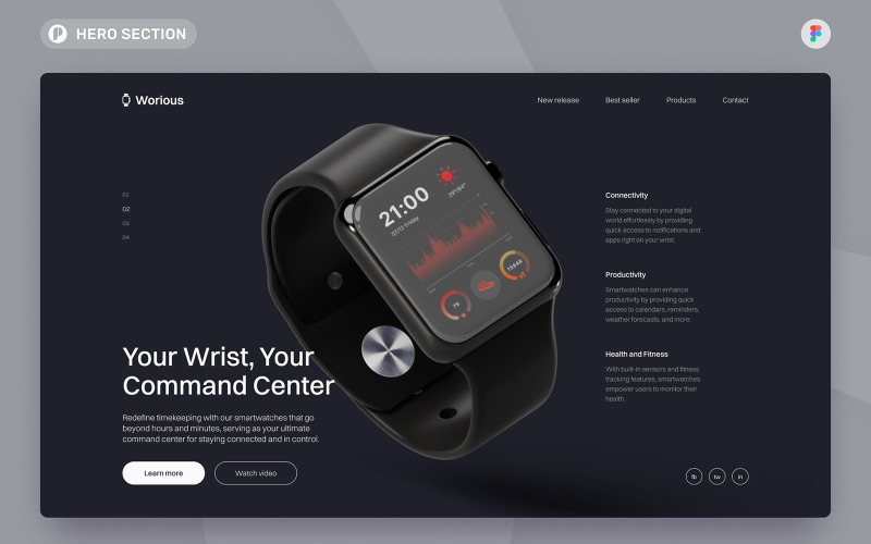 Worious - Smart Watch Hero Section Figma Template UI Element