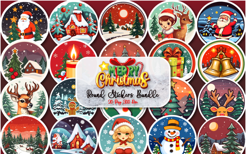 Round Christmas Printable Sticker Bundle Illustration