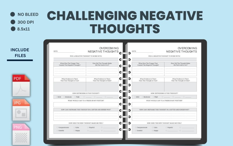 Challenge Negative Thoughts, Therapy Worksheets, Self Help Printable, Unhelpful Thinking Fillable Planner