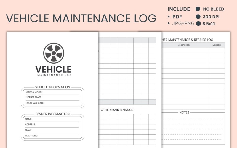 Vehicle Maintenance Log – Car motorcycle Repair mileage Tracker Sheet. Planner