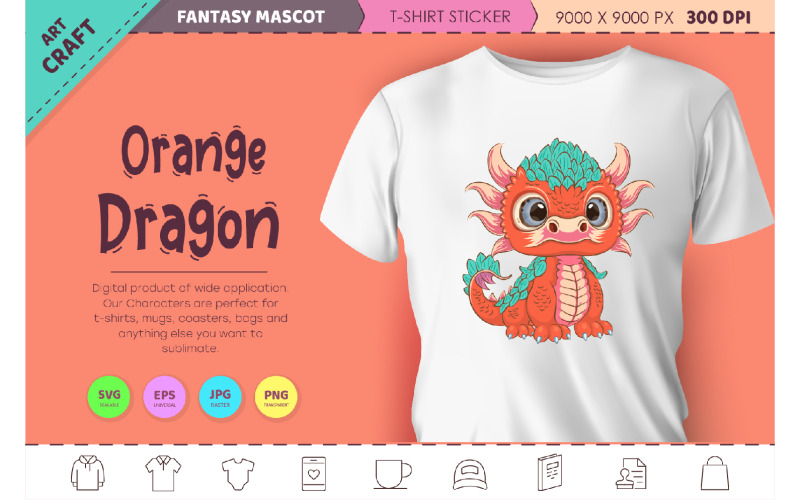 Cartoon orange dragon. Fantasy clipart. Vector Graphic