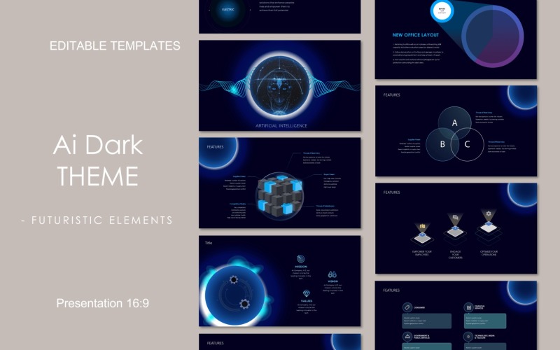 Ai Dark Theme_10 glow animated slides PowerPoint Template