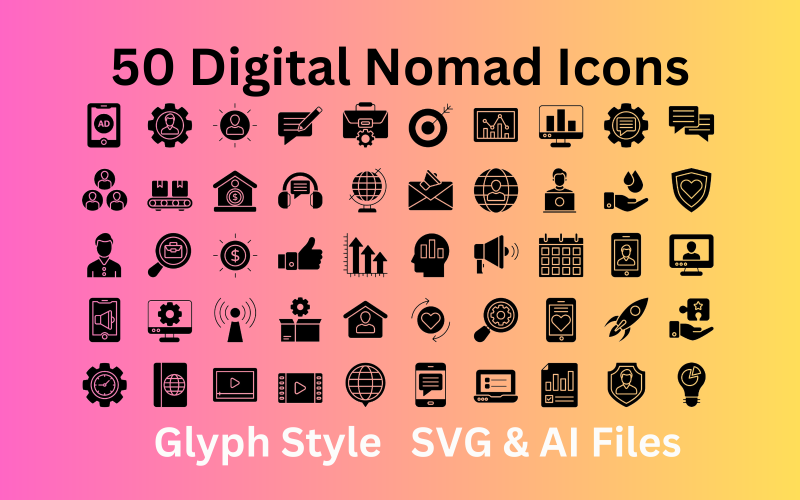 Digital Nomad Icon Set 50 Glyph Icons - SVG And AI Files