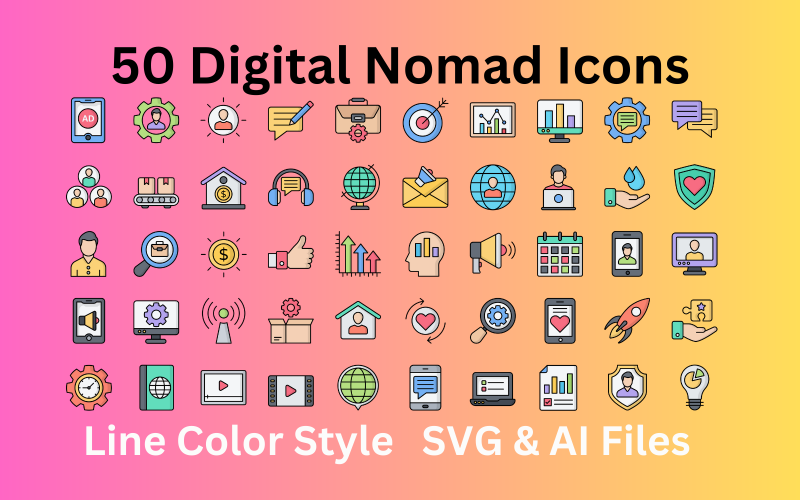 Digital Nomad Icon Set 50 Line Color Icons - SVG And AI Files