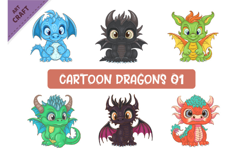 Set of Cartoon Dragons 01. Fantasy clipart. Vector Graphic