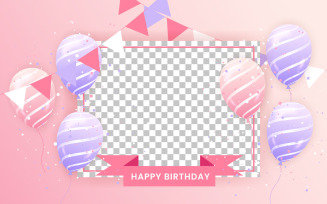 birthday horizontal illustration with 3d realistic pink and purple balloon on pink background