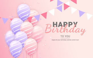 Happy birthday horizontal illustration with 3d realistic pink and purple balloon on background