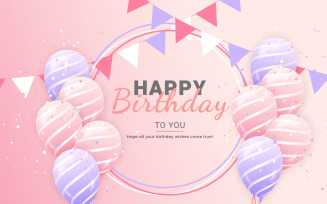 Happy birthday horizontal illustration with 3d realistic pink and purple balloons