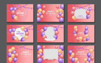 Birthday greeting template set text vector design. Happy birthday typography in with air balloon