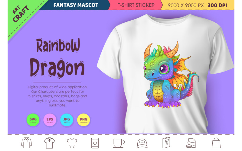 Rainbow cartoon dragon. Fantasy clipart. Vector Graphic