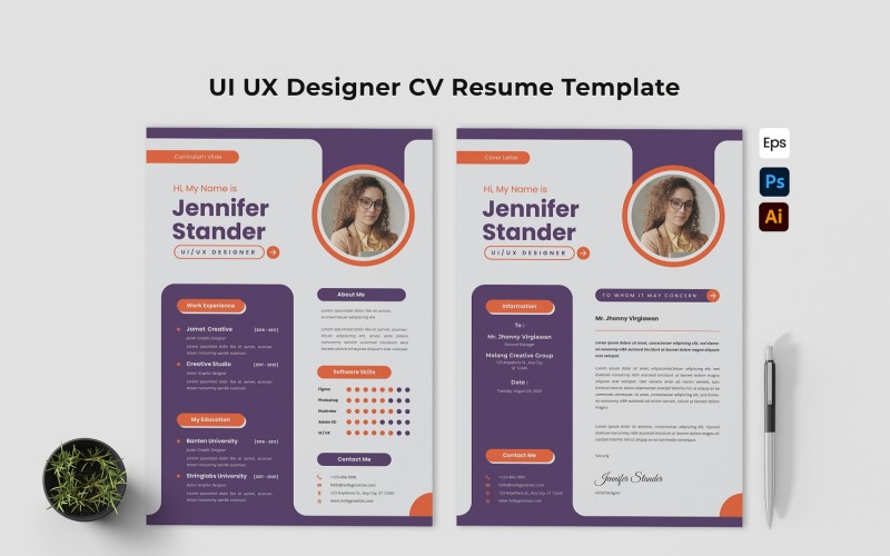 Purple UI UX Designer CV Resume Template Corporate Identity