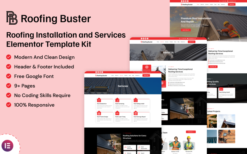 Roofing Buster - Roofing Installation and Services Elementor Template Kit Elementor Kit