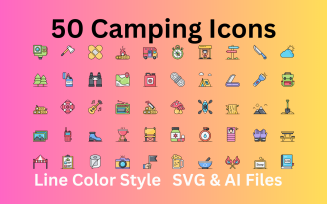 Camping Icon Set 50 Line Color Icons - SVG And AI File