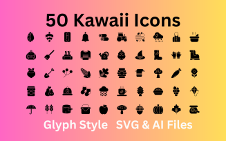 Kawaii Icon Set 50 Glyph Icons - SVG And AI Files