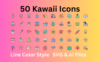 Kawaii Icon Set 50 Line Color Icons - SVG And AI Files