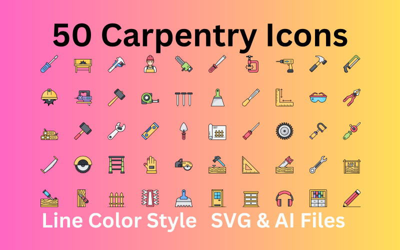Carpentry Icon Set 50 Line Color Icons - SVG And AI File