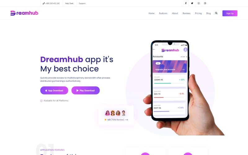DreamHub - App & Software Company HTML5 Template Landing Page Template