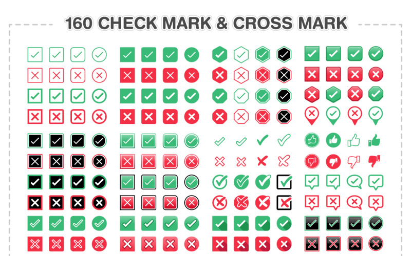 160 Check Mark & Cross Mark Symbols Icon Set
