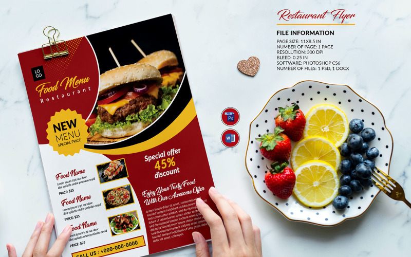 Restaurant Menu Flyer | Food Menu. Word and Psd Template Corporate Identity