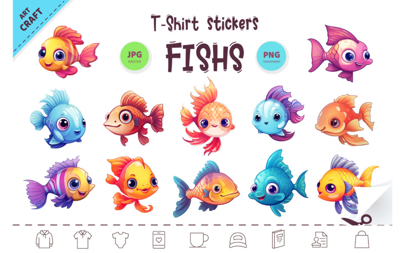 Bundle of cute fish stickers. Clipart. Illustration