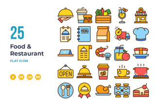 Food and Restaurant Icon Set in Flat